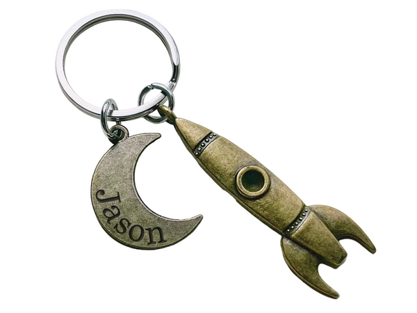Bronze Spaceship Rocket Keychain with Custom Engraved Moon Tag, Astronautical Key Chain by JewelryEveryday