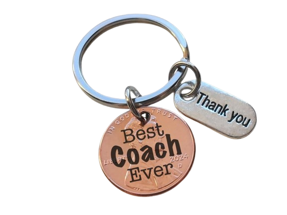 Coach Appreciation Gift • Thank You Penny Keychain with "Best Coach Ever" Engraving and Sport Charm Option | Jewelry Everyday