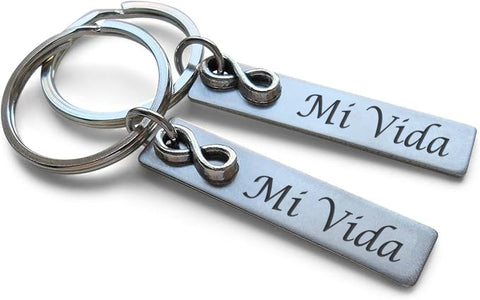 Couples Keychains Set with Infinity Charms and Custom Engraved Steel Tags