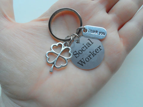 Social Worker Keychain with Clover & Thank You Charm, Community Advocate Keychain