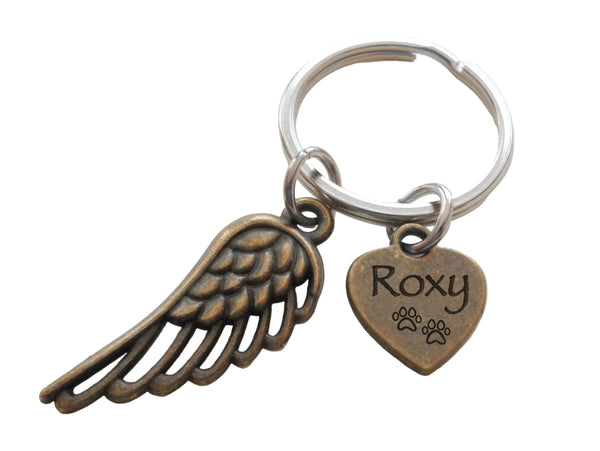 Bronze Wing Charm Keychain with Custom Engraved Pet Name Heart Tag with Paw Prints, Pet Loss Gift, Dog Memorial Keychain
