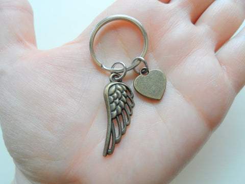 Bronze Wing Charm Keychain with Custom Engraved Pet Name Heart Tag with Paw Prints, Pet Loss Gift, Dog Memorial Keychain