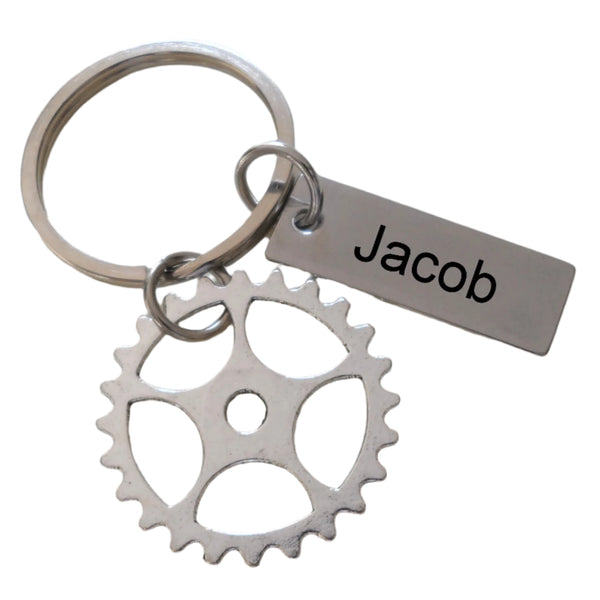 Employee Appreciation Gifts • Silver Gear Keychain with Custom Engraved Tag by JewelryEveryday w/ "Thanks for being an essential part of our team!" Card
