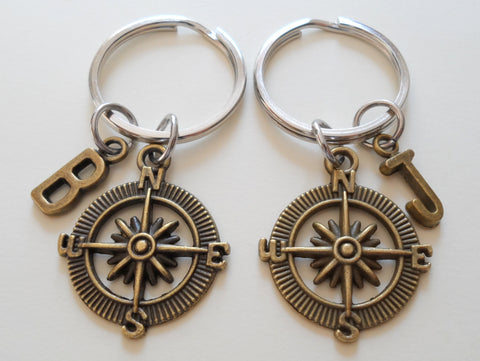 Personalized & Matching Couples/Friends Compass Keychains with Customizable Letter Charms