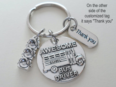 Awesome School Bus Driver Appreciation Keychain with Traffic Light Charm & Custom Engraving on Thank You Tag by JewelryEveryday