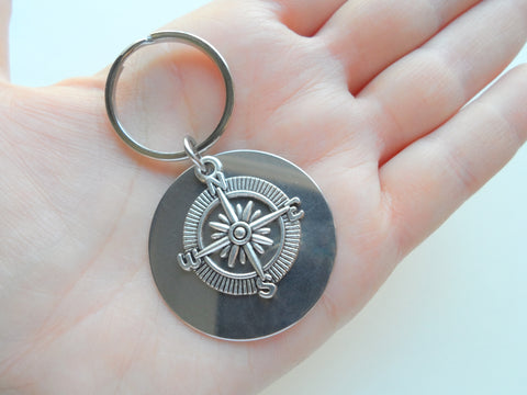Custom Engraved Coordinates Keychain Steel Disc with Compass Charm, Anniversary Gift Keychain, Special Occasion GPS Keychain
