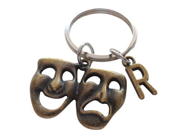 Bronze Theatre Masks Charm Keychain with Custom Letter Charm, Drama Mask Keychain, Graduation Keychain, Actors Keychain