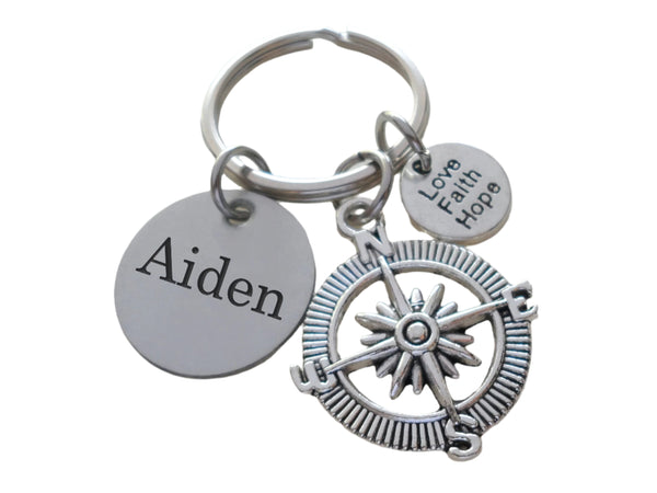 Compass Keychain with Love Faith Hope Circle Charm and Custom Engraved Disc, Religious Keychain