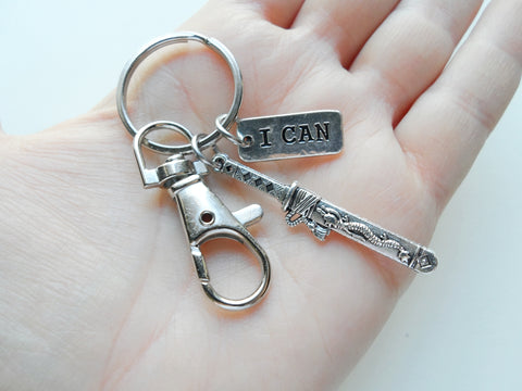 Samurai Sword Charm Keychain with I Can Tag Charm & Swivel Clasp with Options to Add Personalized Charms