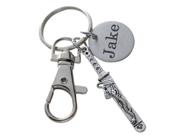 Samurai Sword Charm Keychain with Swivel Clasp & Custom Engraved Disc