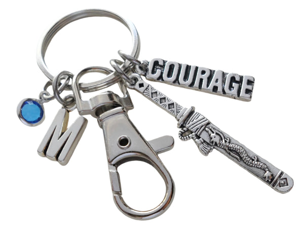 Martial Arts Keychain with Samurai Sword Charm, Courage Charm, Swivel Clasp, Karate, and Personalized Charm Options, Taekwondo or Coach Keychain