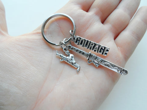 Martial Arts Keychain with Samurai Sword Charm, Courage Charm, and Kicking Student Charm, Karate, Taekwondo or Coach Keychain