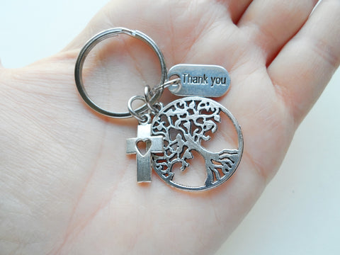 Tree, Cross, & Thank You Charm Keychain, Religious Teacher, Neighbor or Volunteer Keychain