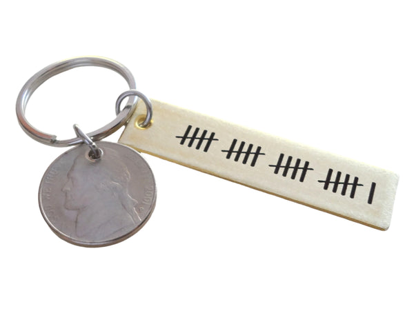 Brass Tag Keychain Engraved with 21 Tally Marks & with Nickel, 21 Year Anniversary Gift, Personalized Keychain