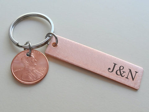 Custom Engraved Copper Tag Keychain with Penny, Couples Anniversary Gift, Husband, Wife, Boyfriend, Girlfriend Key Chain