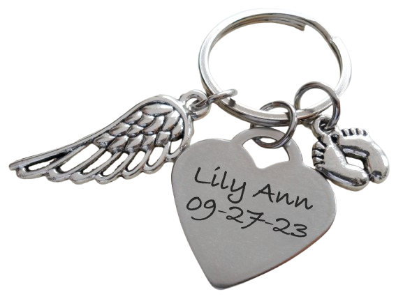 Custom Engraved Memorial Heart Shaped Charm Keychain with Wing and Baby Feet Charm, Baby Loss Memorial Gift