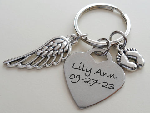 Custom Engraved Memorial Heart Shaped Charm Keychain with Wing and Baby Feet Charm, Baby Loss Memorial Gift