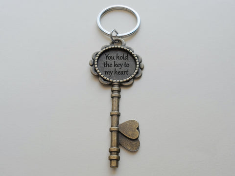 Bronze Key Charm Keychain with Engraving "You Hold the Key to My Heart"; Couples Anniversary Keychain
