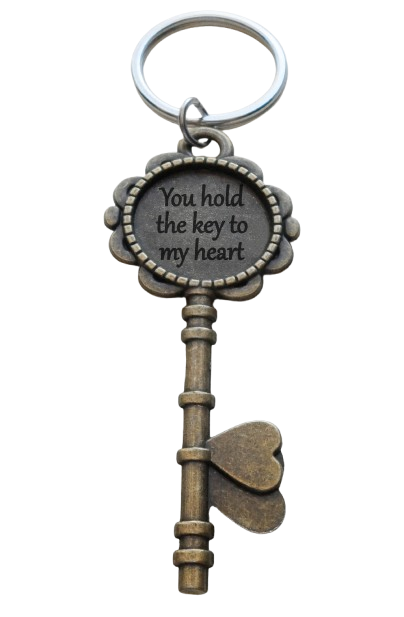 Bronze Key Charm Keychain with Engraving "You Hold the Key to My Heart"; Couples Anniversary Keychain