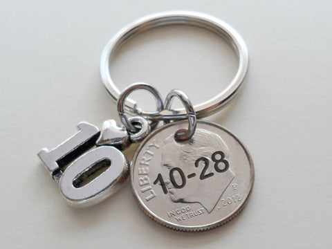 Custom Dime Keychain with Number 10 Charm, Couples 10 Year Anniversary Gift