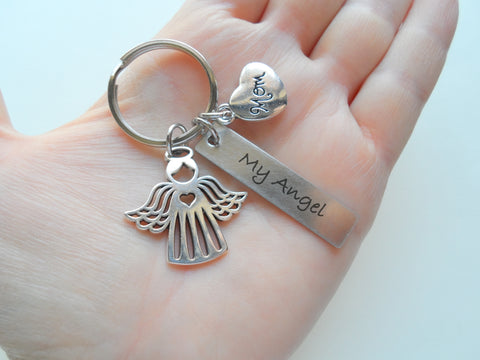 Mom Memorial Keychain with Angel Charm, Mom Heart Charm & "My Angel" Engraved Rectangle Tag