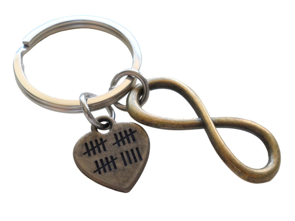 Bronze Infinity Charm Keychain & Heart Tag with 19 Tally Marks for Couples 19 Year Anniversary