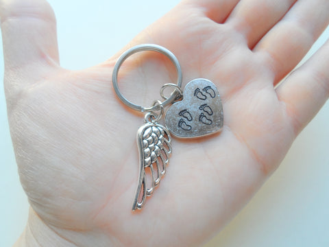 Triplet Babies Memorial Keychain, 3 Baby Feet Engraved Heart Charm & Wing Charm by JewelryEveryday