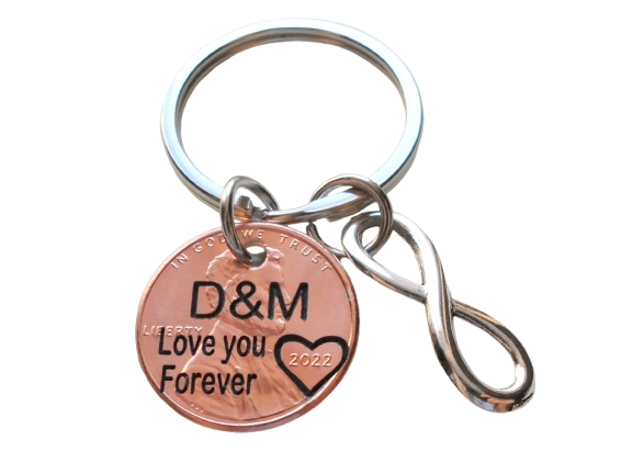 Custom Engraved Penny Keychain, Personalized Keychain, Lucky Penny Keychain, Anniversary Penny Key Chain with Infinity Charm
