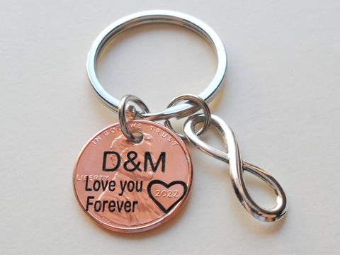 Custom Engraved Penny Keychain, Personalized Keychain, Lucky Penny Keychain, Anniversary Penny Key Chain with Infinity Charm