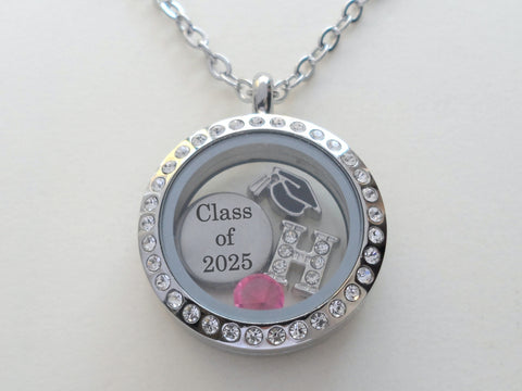 Class of 2025 Graduate Locket Necklace with Graduate Cap, "Class of 2025" Disc Charm, and Custom Letter & Birthstone - by Jewelry Everyday