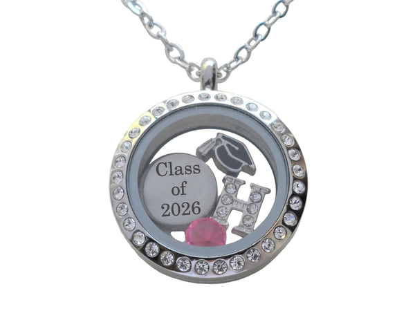 Class of 2026 Graduate Locket Necklace with Graduate Cap, "Class of 2026" Disc Charm, and Custom Letter & Birthstone - by Jewelry Everyday