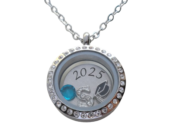 Personalized 25mm Circle Class of 2025 Graduate Floating Locket Necklace with Clear Crystal Edge for Graduation with Letter & Birthstone Charm - by Jewelry Everyday