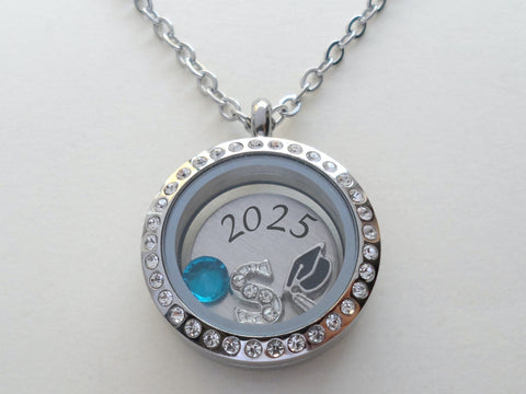 Personalized 25mm Circle Class of 2025 Graduate Floating Locket Necklace with Clear Crystal Edge for Graduation with Letter & Birthstone Charm - by Jewelry Everyday