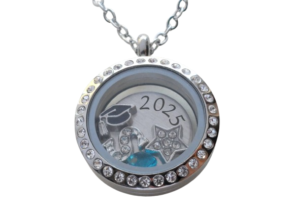 Class of 2025 Graduate Locket Necklace with Graduate Cap, 2025 Disc, and Custom Letter & Birthstone - by Jewelry Everyday