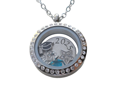 Custom Graduate Circle Crystal Edge Floating Charm Locket Necklace, Stainless Steel Locket, Class of 2025