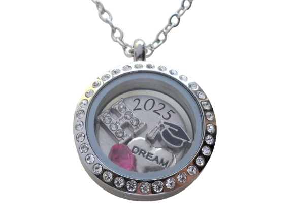 Custom Graduate Circle Crystal Edge Floating Charm Locket Necklace, Stainless Steel Locket, Class of 2025