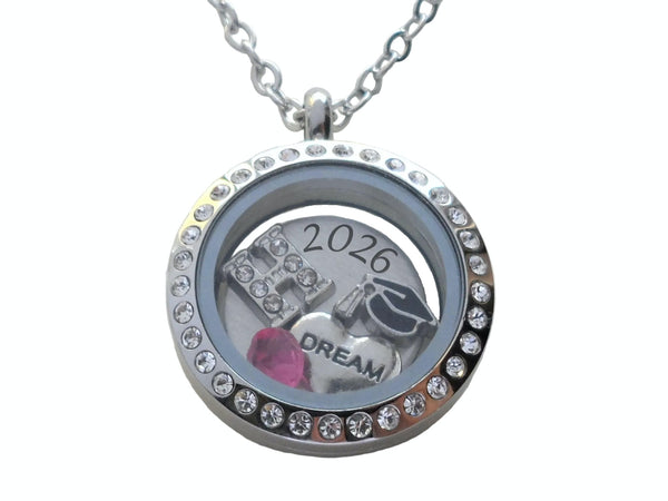Custom Graduate Circle Crystal Edge Floating Charm Locket Necklace, Stainless Steel Locket, Class of 2026