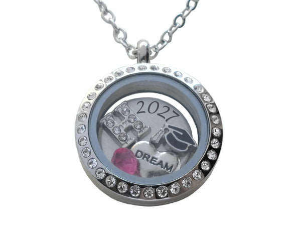 Personalized Graduation Floating Charm Locket Necklace with 2027 Disc (Or Other Years), Graduate Cap, Letter and Birthstone Charm - by Jewelry Everyday