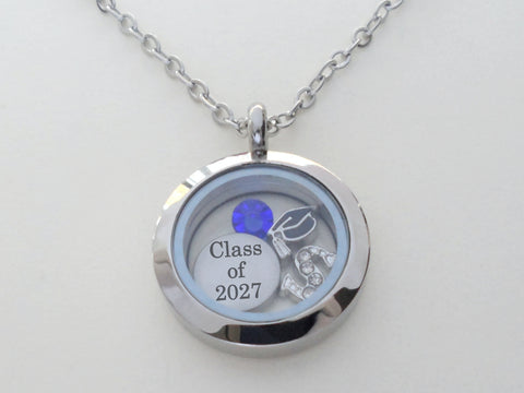 Class of 2026 Graduate Locket Necklace with Graduate Cap, "Class of 2026" Disc Charm, and Custom Letter & Birthstone - by Jewelry Everyday