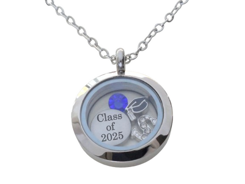 Class of 2025 Graduate Locket Necklace with Graduate Cap, "Class of 2025" Disc Charm, and Custom Letter & Birthstone - by Jewelry Everyday