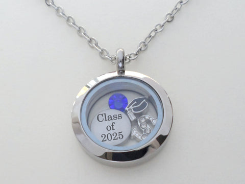 Class of 2025 Graduate Locket Necklace with Graduate Cap, "Class of 2025" Disc Charm, and Custom Letter & Birthstone - by Jewelry Everyday