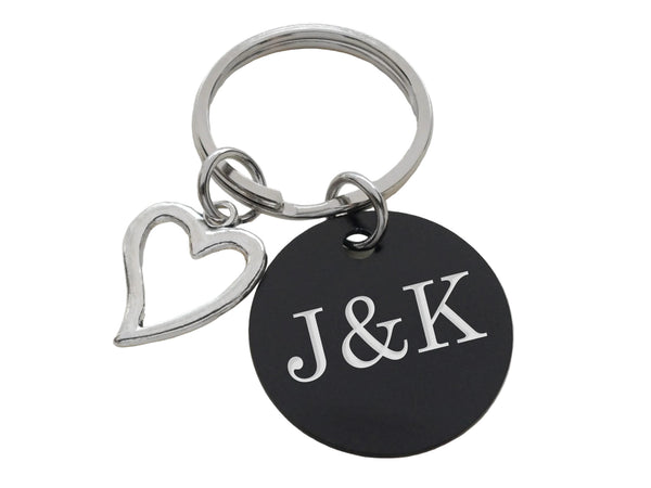 Custom Engraved Anodized Aluminum Disc Keychain With Heart Charm, Couples Anniversary Keychain