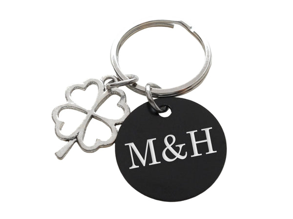 Custom Engraved Anodized Aluminum Disc Keychain With 4 Leaf Clover Charm, Couples Anniversary Keychain