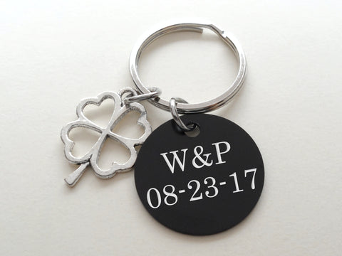Custom Engraved Anodized Aluminum Disc Keychain With 4 Leaf Clover Charm, Couples Anniversary Keychain