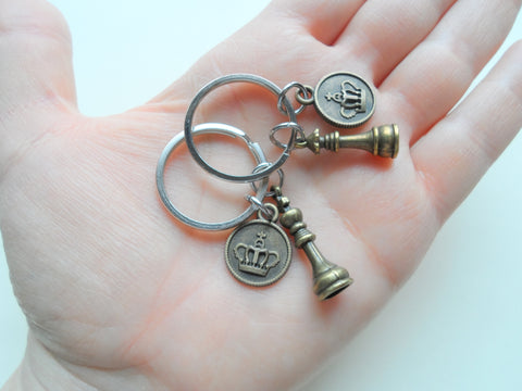 Custom Bronze Chess Piece Charm Keychains with Personalized Crown Charms, King and Queen Set - Couples Keychain Set by JewelryEveryday