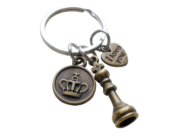 Bronze Small King Chess Piece Charm Keychain with Crown Charm & I Love You Heart Charm