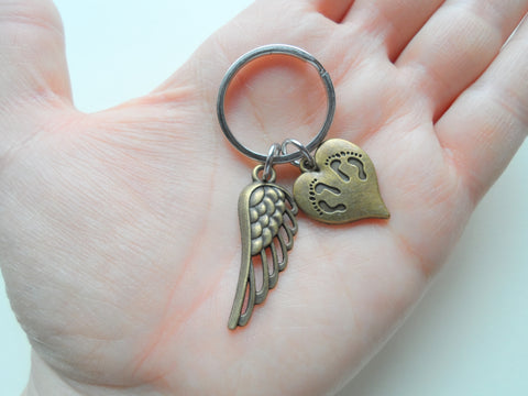 Bronze Twin Babies Memorial Keychain, Twins Feet Heart Charm & Wing Charm by Jewelry Everyday