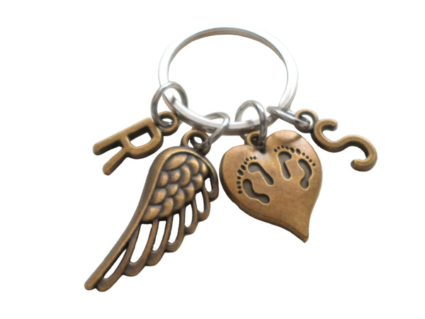 Bronze Twin Babies Memorial Keychain, Twins Feet Heart Charm & Wing Charm by Jewelry Everyday