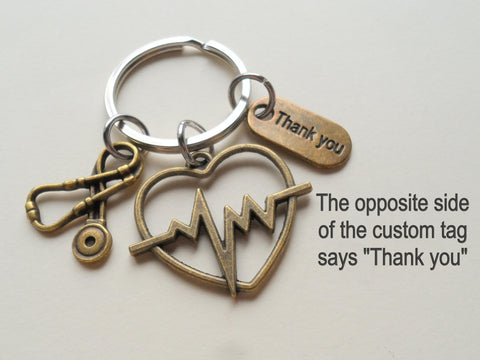 Bronze Heartbeat Medical Charm Keychain with Stethoscope Charm and Personalized Thank You Tag, Doctor Office, Hospital Staff Thank you Gift by JewelryEveryday