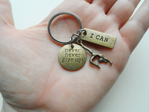Bronze Gymnastics Charm Keychain with I Can Charm and Never Give Up Disc, Gymnast or Dancer Keychain